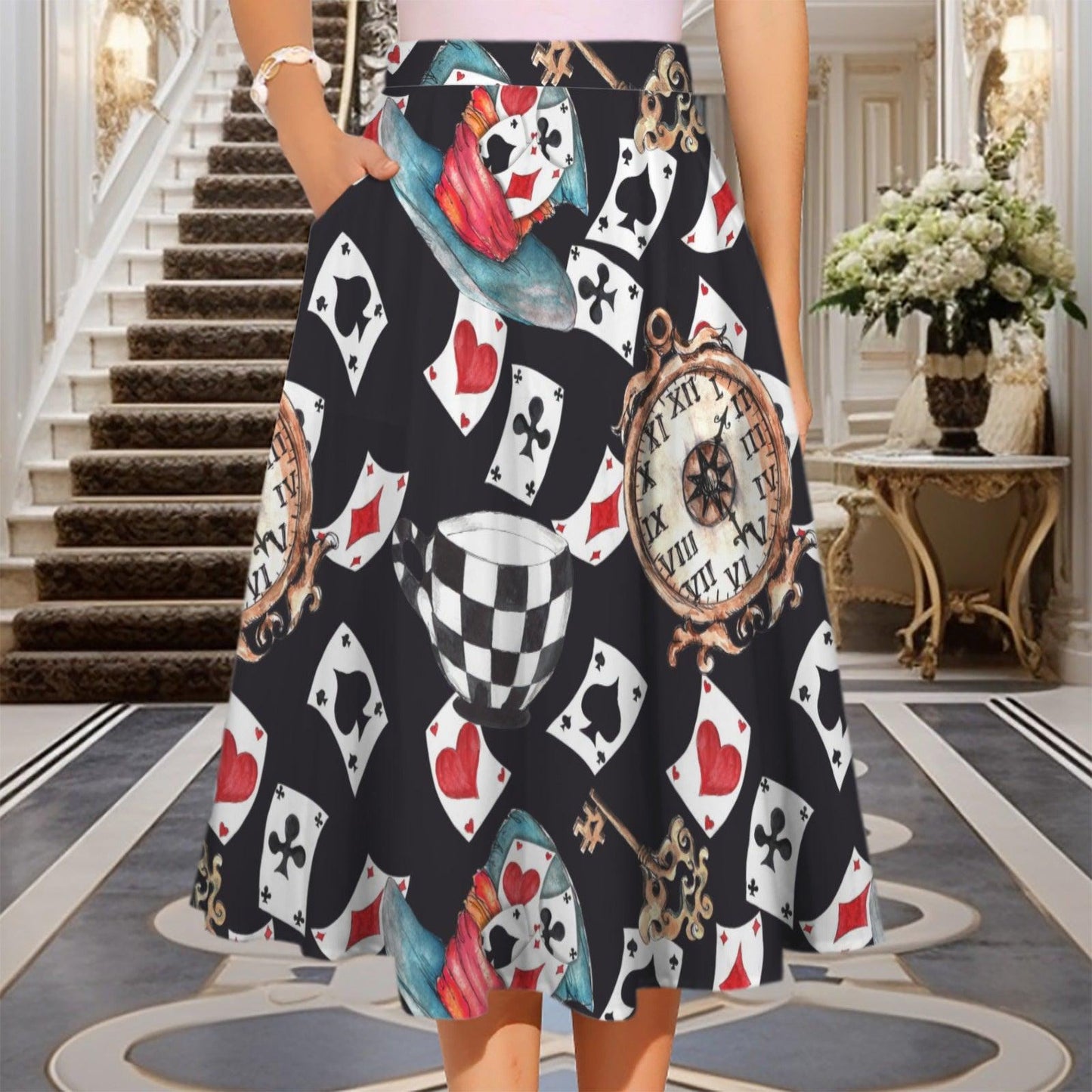 Alice in Wonderland Midi Skirt, Playing Card Tea Party Pockets, Whimsical Costume Style