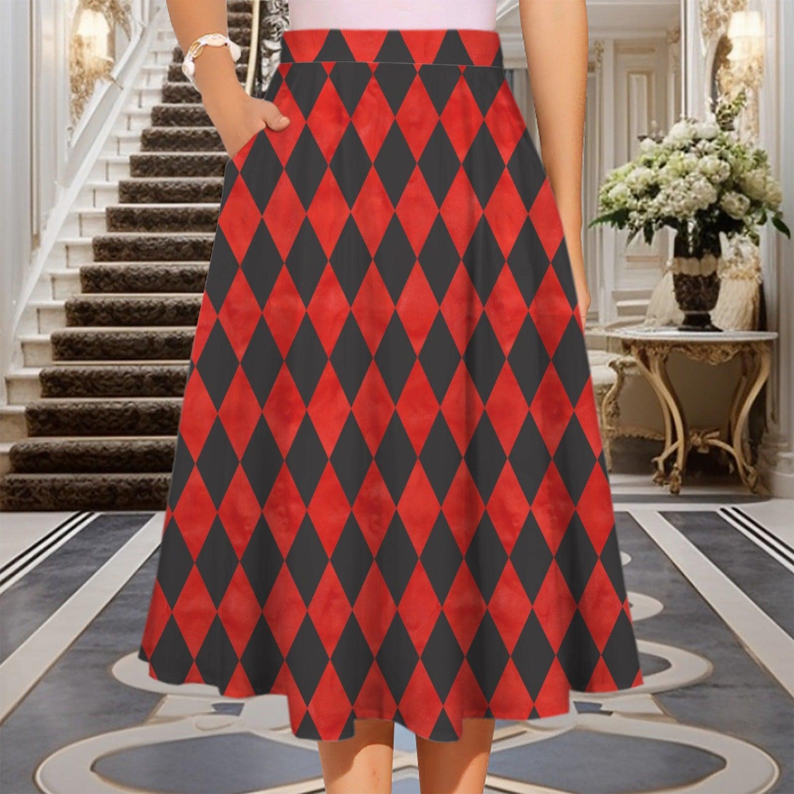 Harlequin Midi Skirt, Red Black Diamond Print, High Waist A Line, Pockets, Circus Style