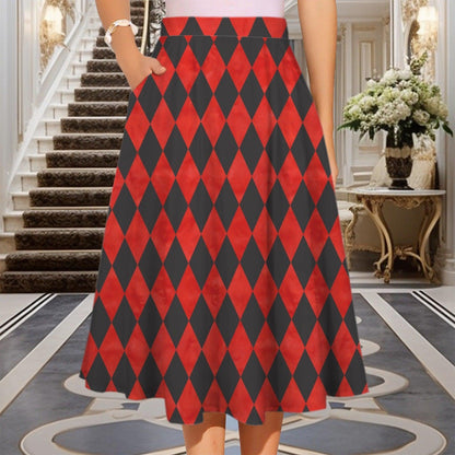 Harlequin Midi Skirt, Red Black Diamond Print, High Waist A Line, Pockets, Circus Style
