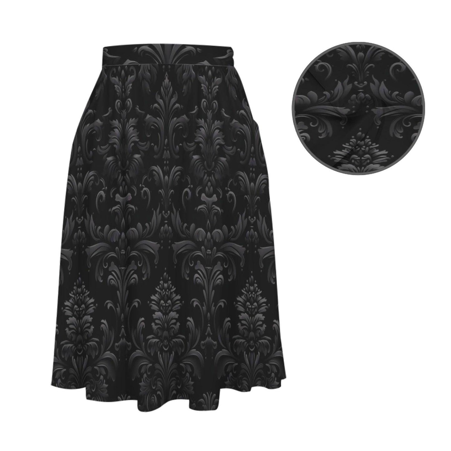 Black Damask A Line Midi Skirt with Side Pockets