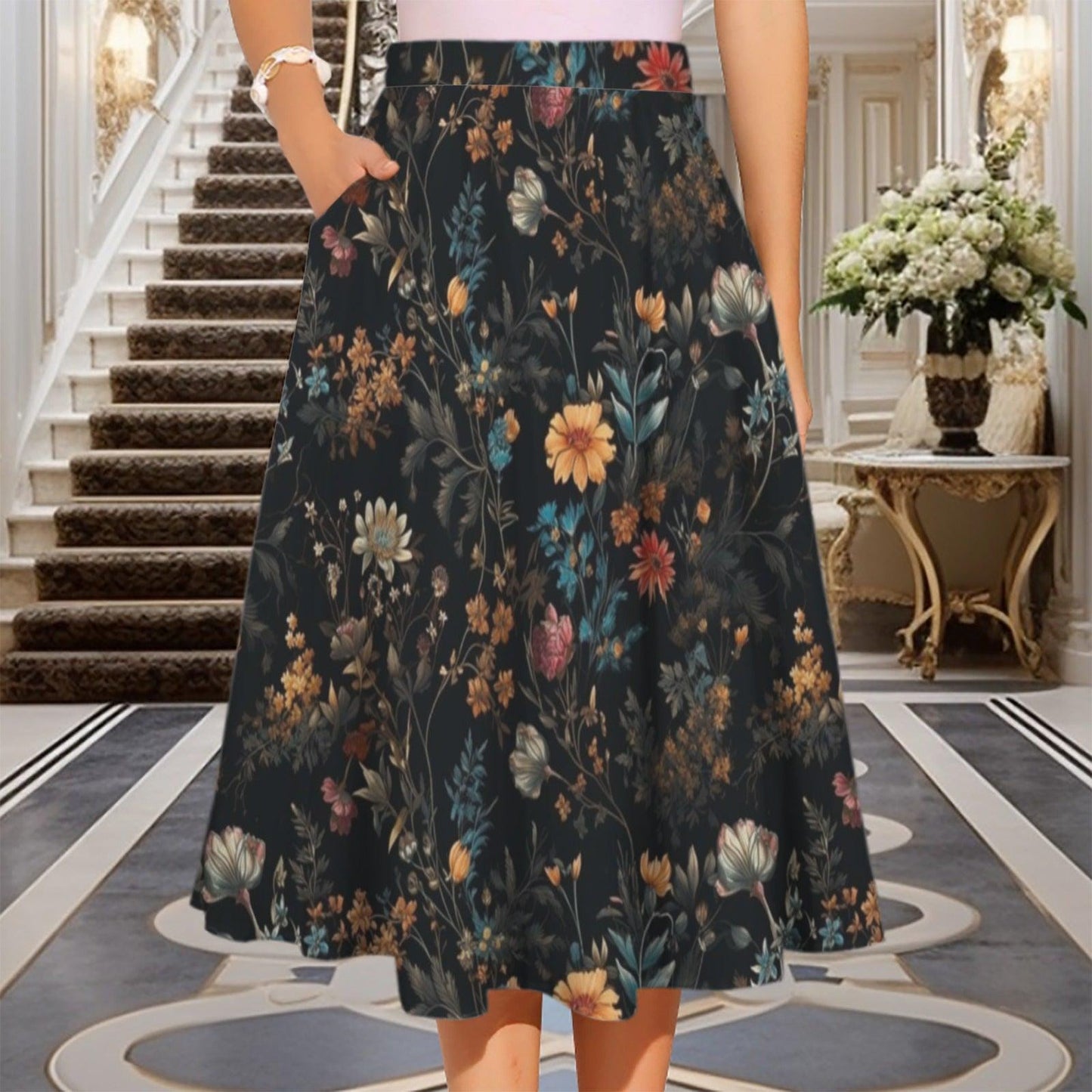 Dark Floral Midi Skirt, Moody Botanical Print, Whimsigoth A Line Flowy Skirt