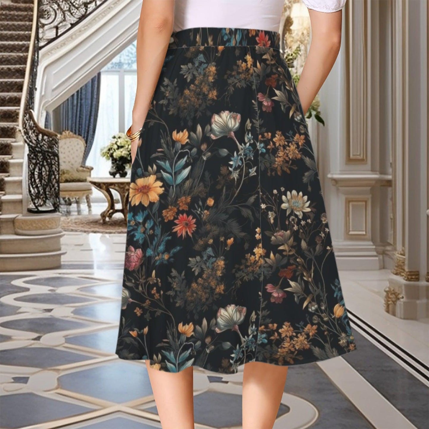 Dark Floral Midi Skirt, Moody Botanical Print, Whimsigoth A Line Flowy Skirt