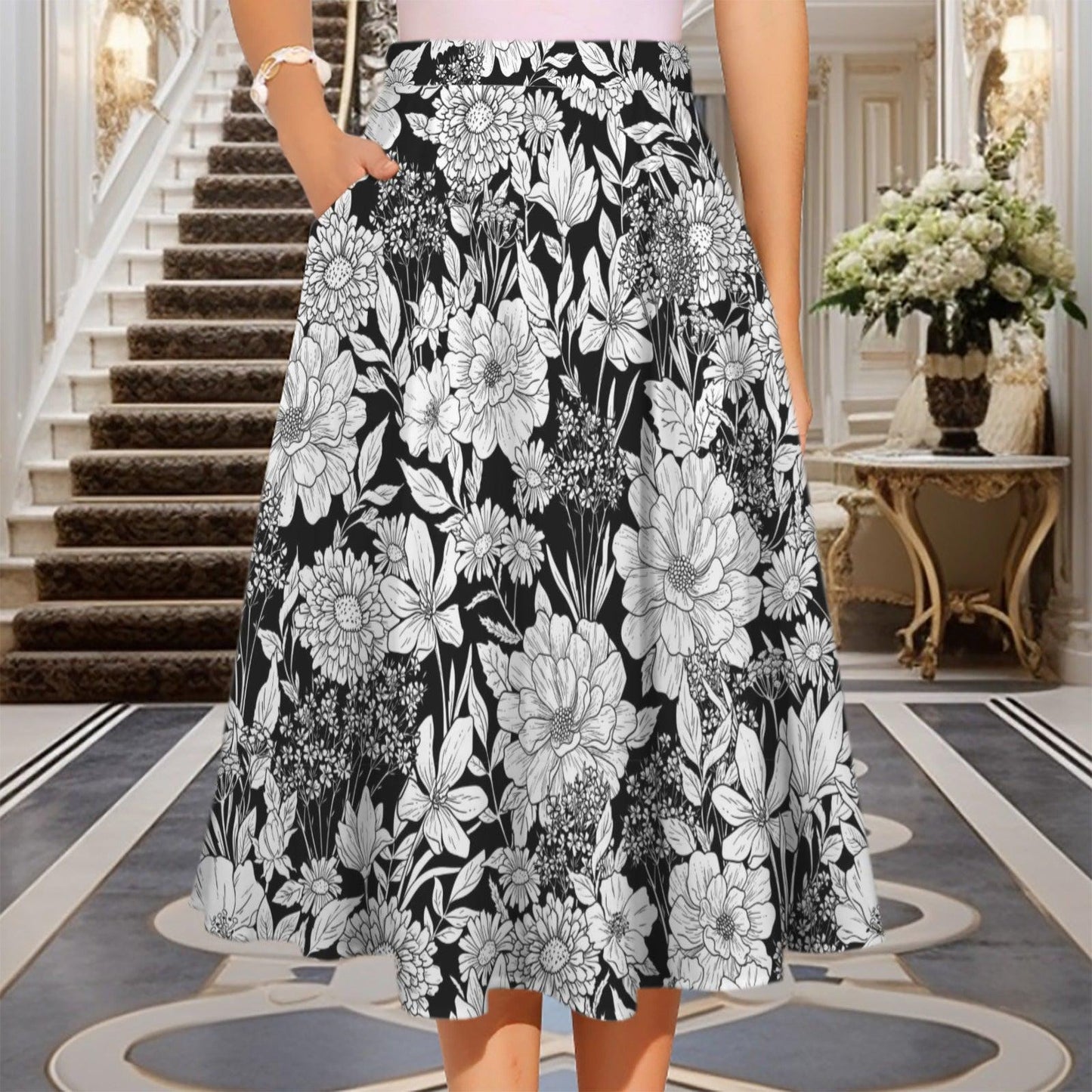 Monochrome Floral Midi Skirt, Hand-Drawn Line Art Flowers, High Waist A-Line Skirt