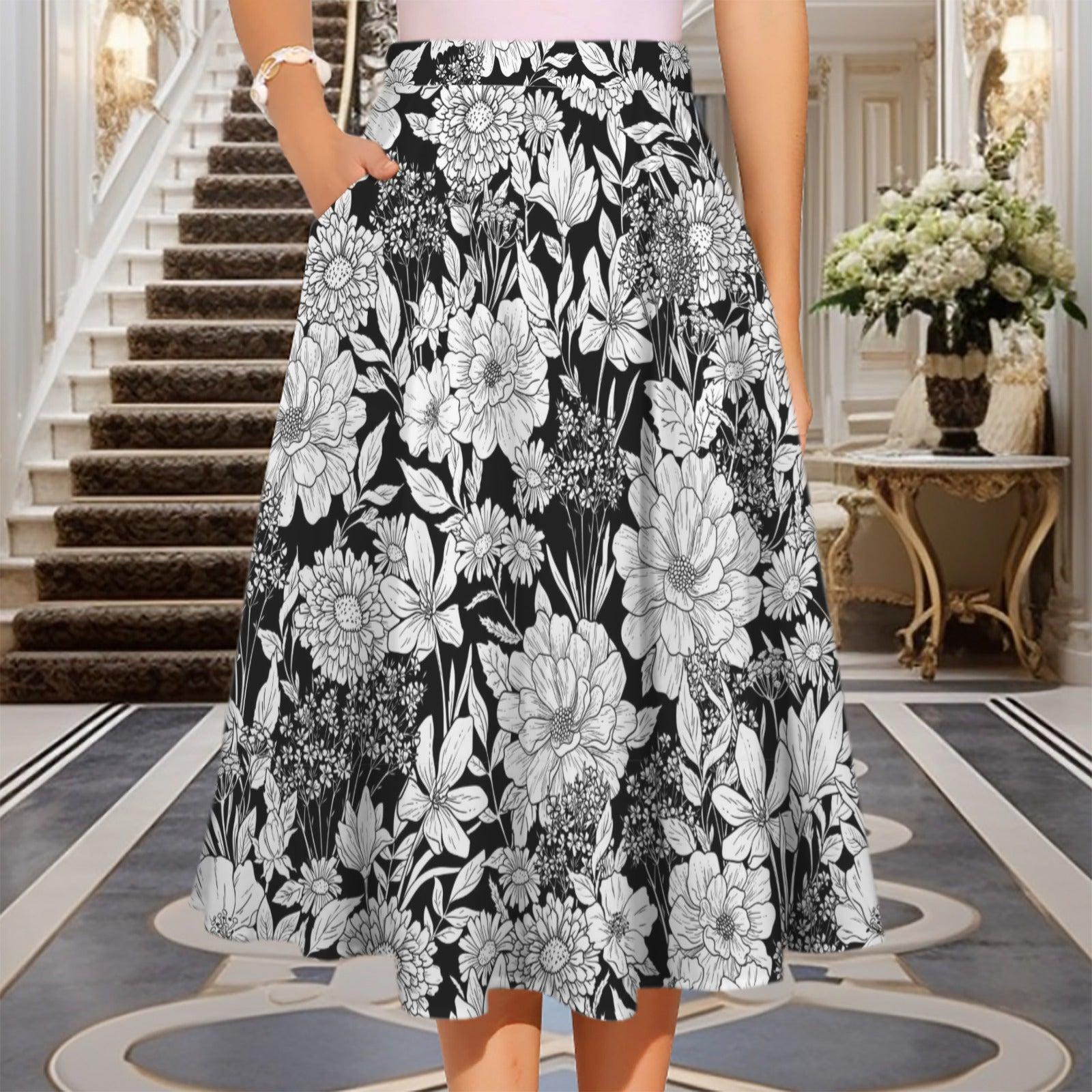 Monochrome Floral Midi Skirt, Hand-Drawn Line Art Flowers, High Waist A-Line Skirt