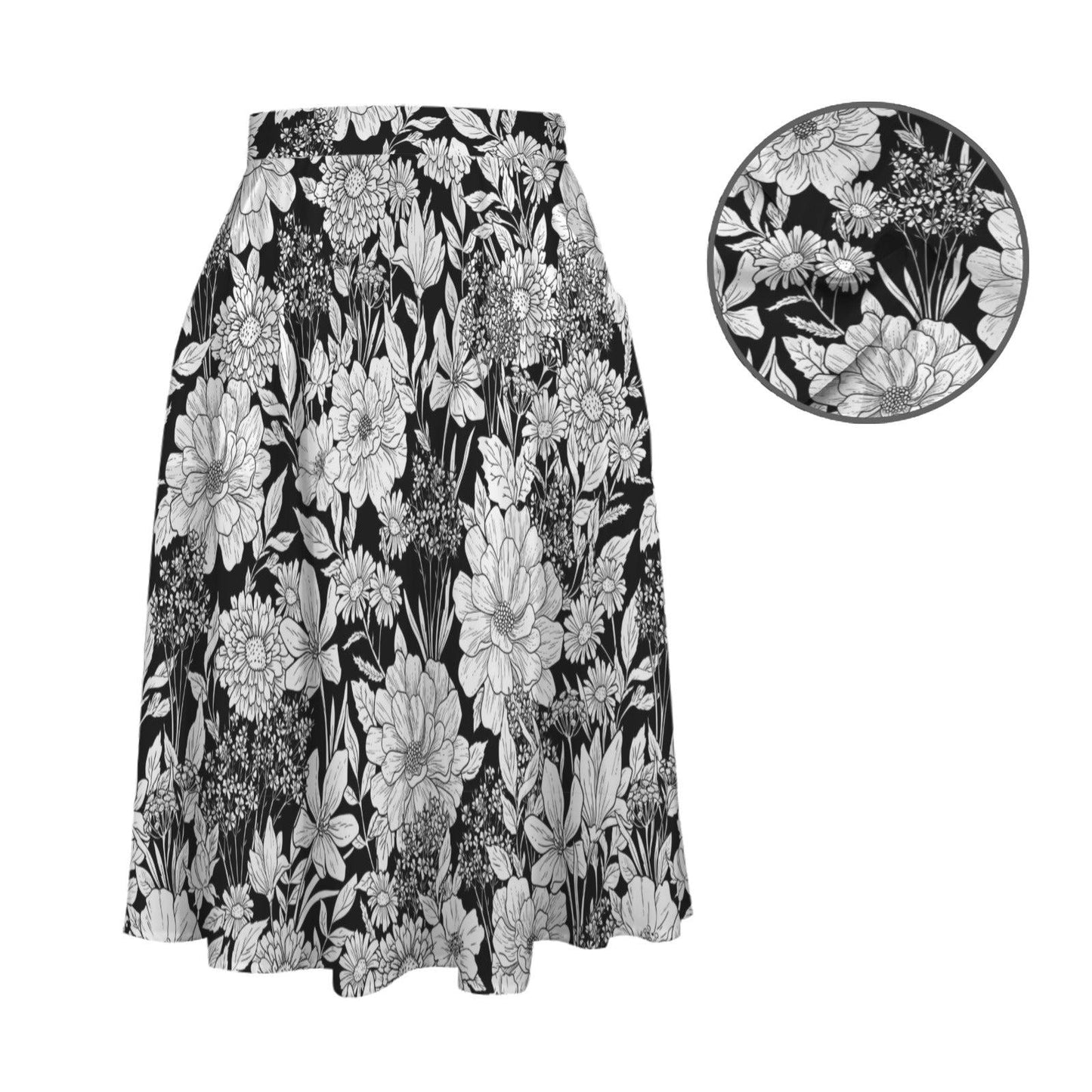 Monochrome Floral Midi Skirt, Hand-Drawn Line Art Flowers, High Waist A-Line Skirt
