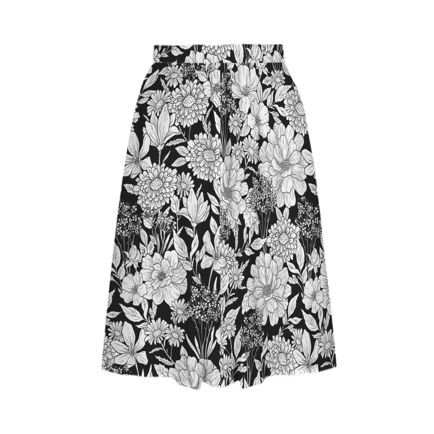 Monochrome Floral Midi Skirt, Hand-Drawn Line Art Flowers, High Waist A-Line Skirt