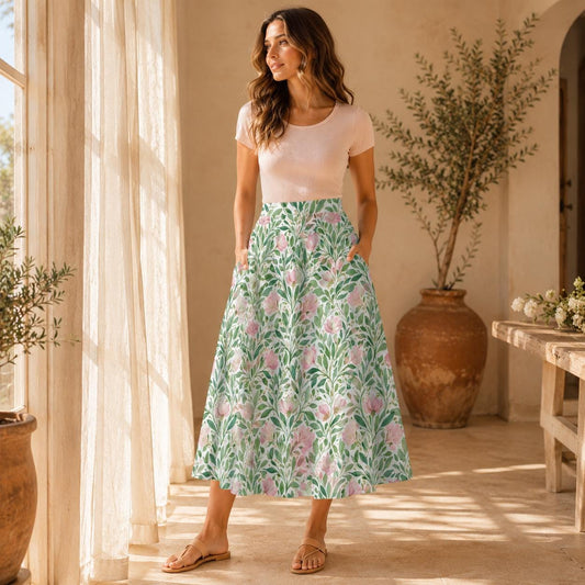 Cottagecore Midi Skirt, Watercolor Floral Print, High Waist A-Line, Pockets