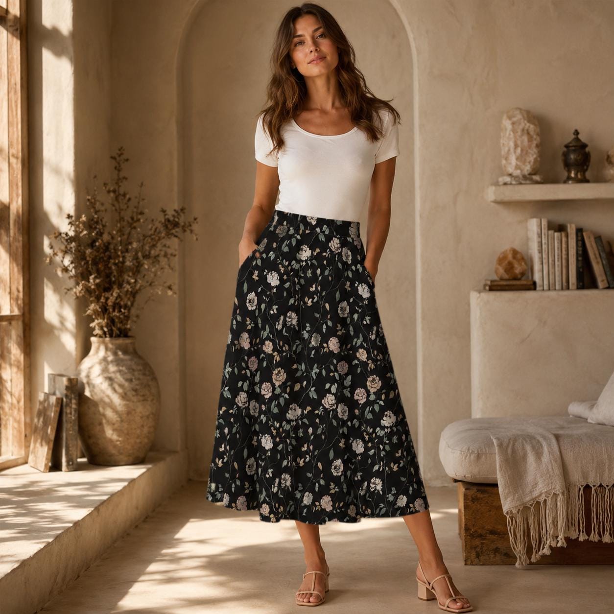 Black Rose Midi Skirt, Dark Floral Print, High Waist Pockets, Fall Layering Everyday Wear