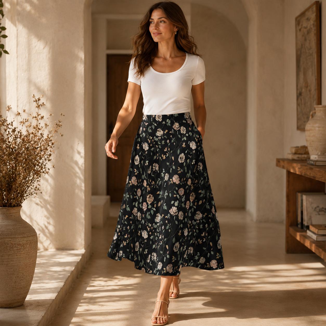 Black Rose Midi Skirt, Dark Floral Print, High Waist Pockets, Fall Layering Everyday Wear