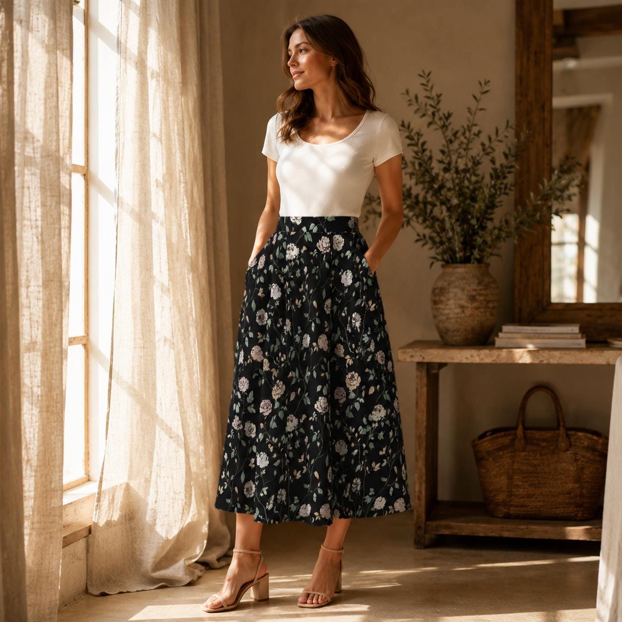 Black Rose Midi Skirt, Dark Floral Print, High Waist Pockets, Fall Layering Everyday Wear