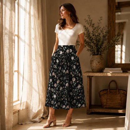 Black Rose Midi Skirt, Dark Floral Print, High Waist Pockets, Fall Layering Everyday Wear