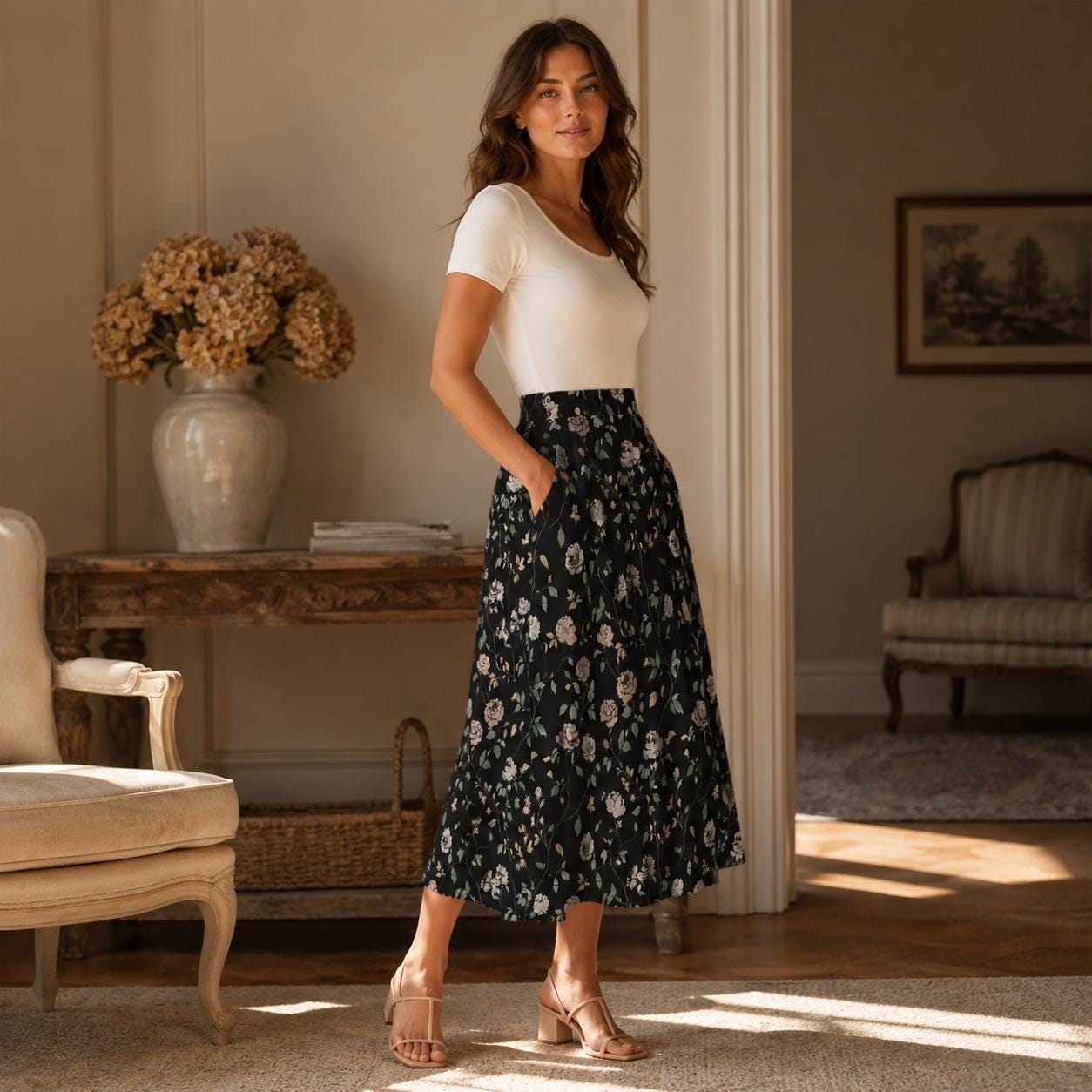 Black Rose Midi Skirt, Dark Floral Print, High Waist Pockets, Fall Layering Everyday Wear