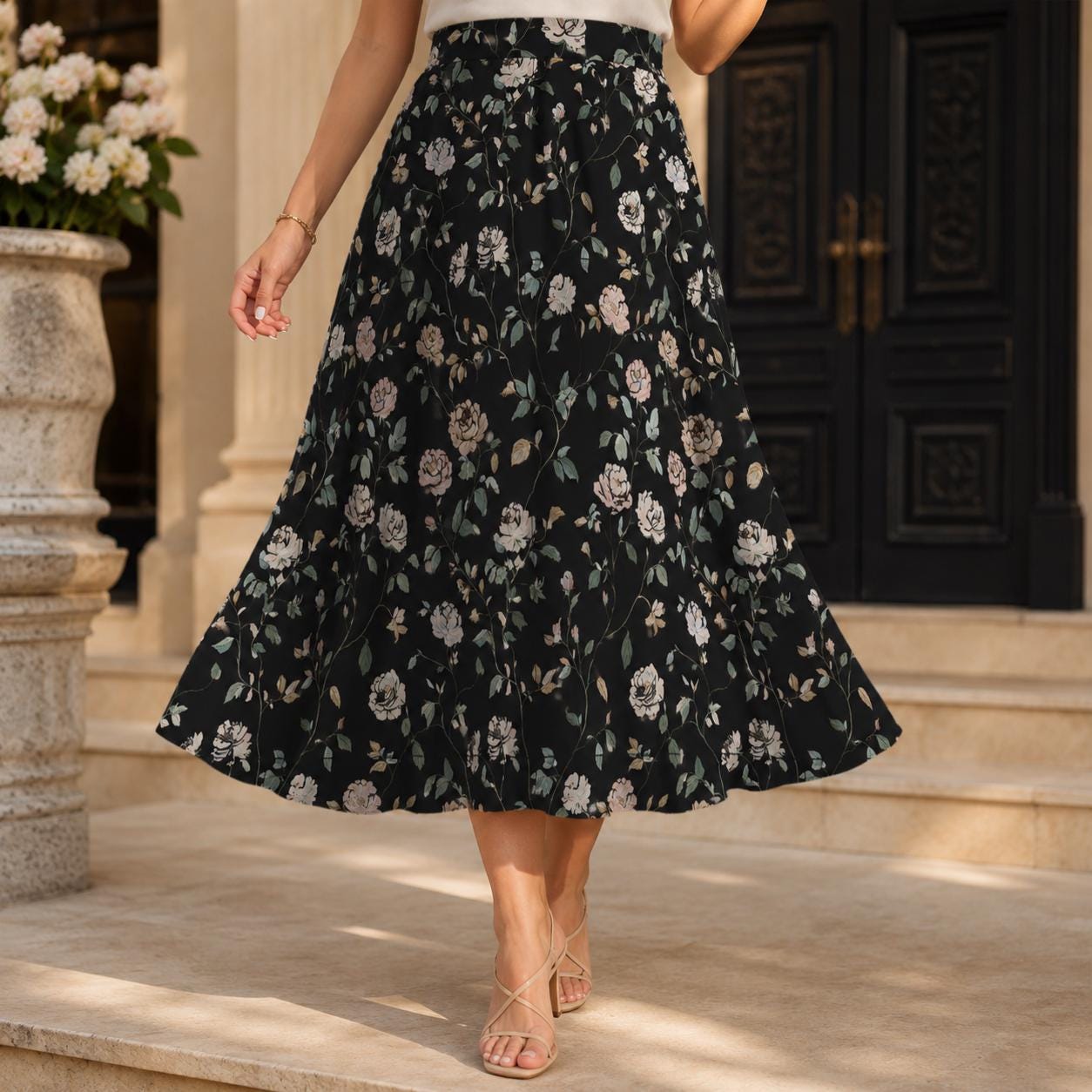 Black Rose Midi Skirt, Dark Floral Print, High Waist Pockets, Fall Layering Everyday Wear