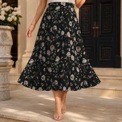 Black Rose Midi Skirt, Dark Floral Print, High Waist Pockets, Fall Layering Everyday Wear