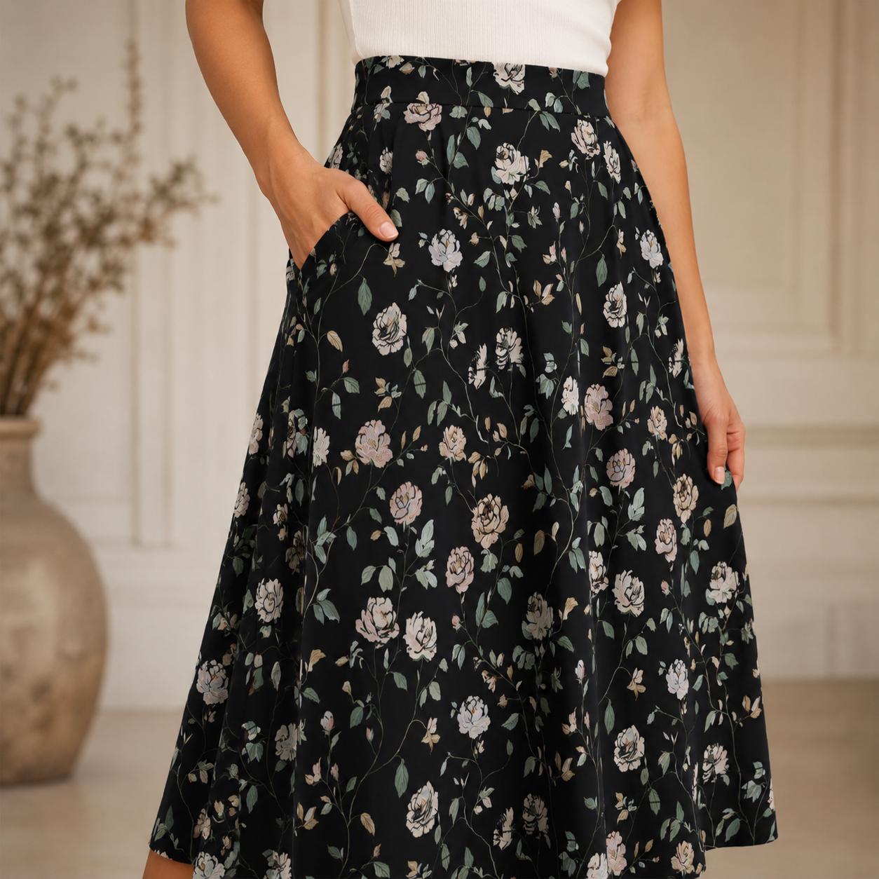 Black Rose Midi Skirt, Dark Floral Print, High Waist Pockets, Fall Layering Everyday Wear