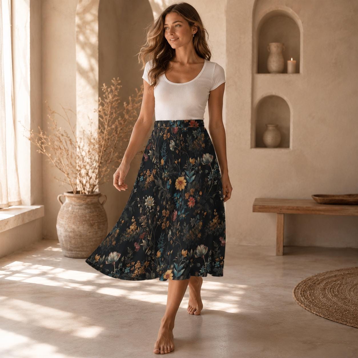Dark Floral Midi Skirt, Moody Botanical Print, Whimsigoth A Line Flowy Skirt