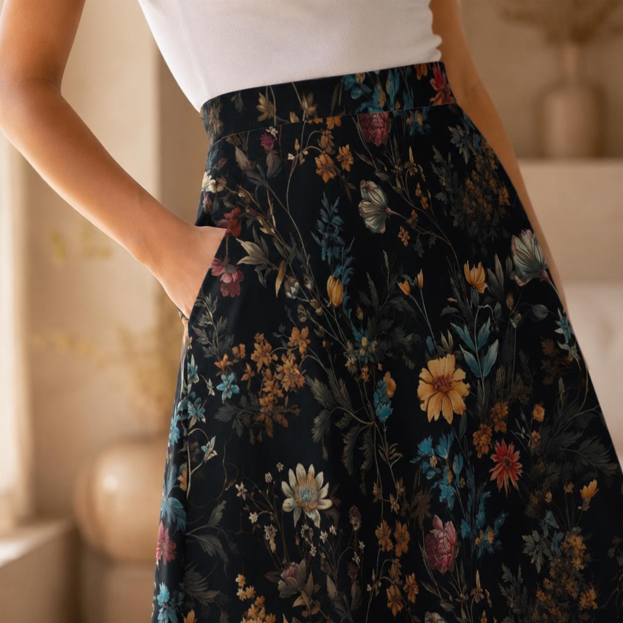 Dark Floral Midi Skirt, Moody Botanical Print, Whimsigoth A Line Flowy Skirt