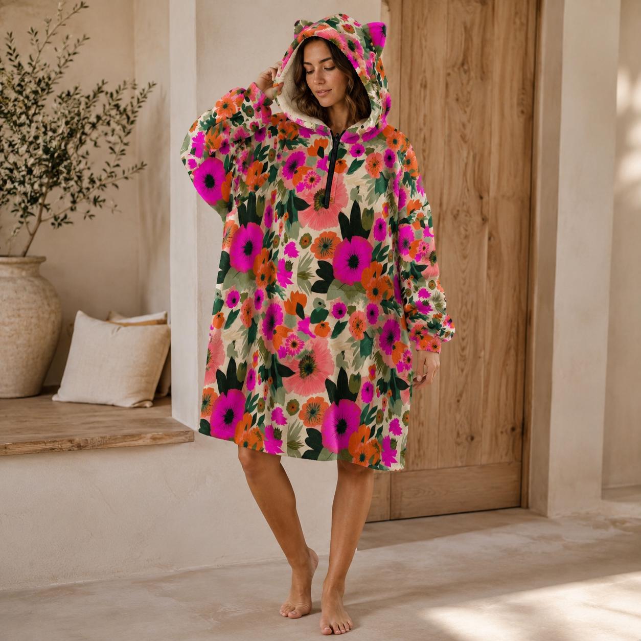 Oversized Floral Blanket Hoodie, Pink Orange Bloom Fleece Lounge Pullover