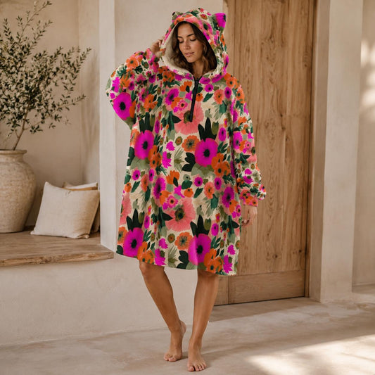 Oversized Floral Blanket Hoodie, Pink Orange Bloom Fleece Lounge Pullover