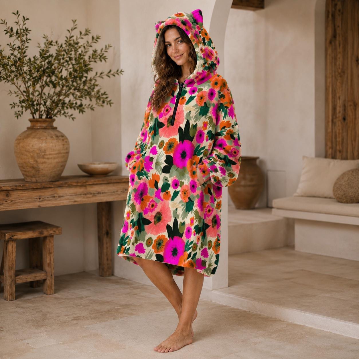 Oversized Floral Blanket Hoodie, Pink Orange Bloom Fleece Lounge Pullover