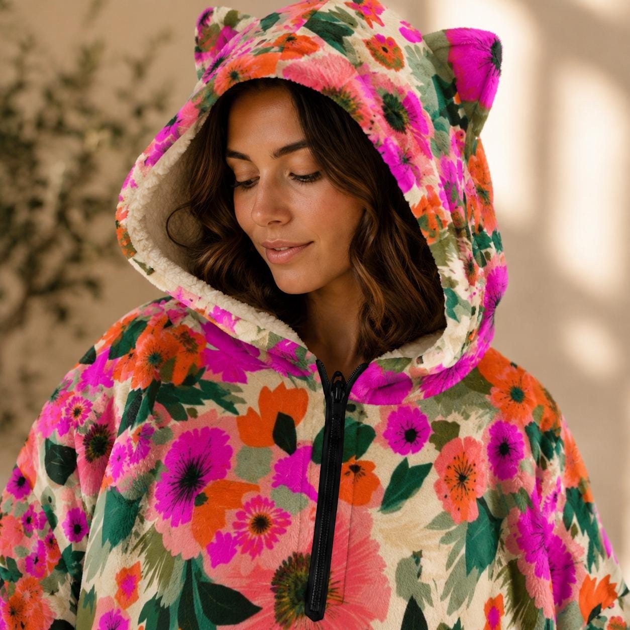 Oversized Floral Blanket Hoodie, Pink Orange Bloom Fleece Lounge Pullover