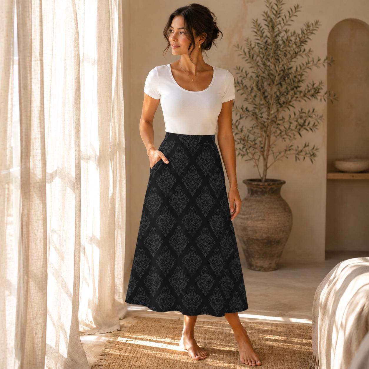 Black Floral Midi Skirt, Tonal Damask Print, High Waist A-Line, Pockets