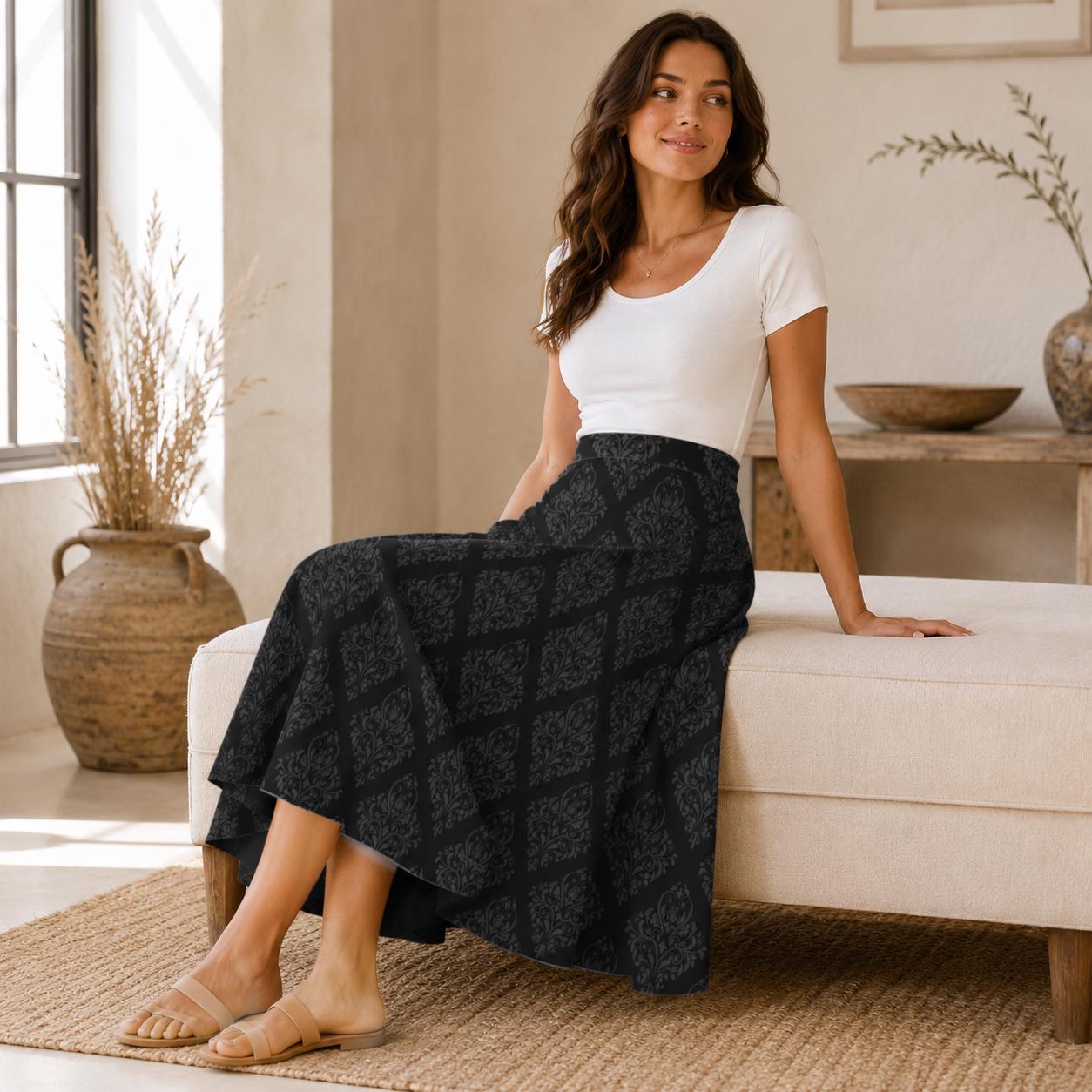 Black Floral Midi Skirt, Tonal Damask Print, High Waist A-Line, Pockets