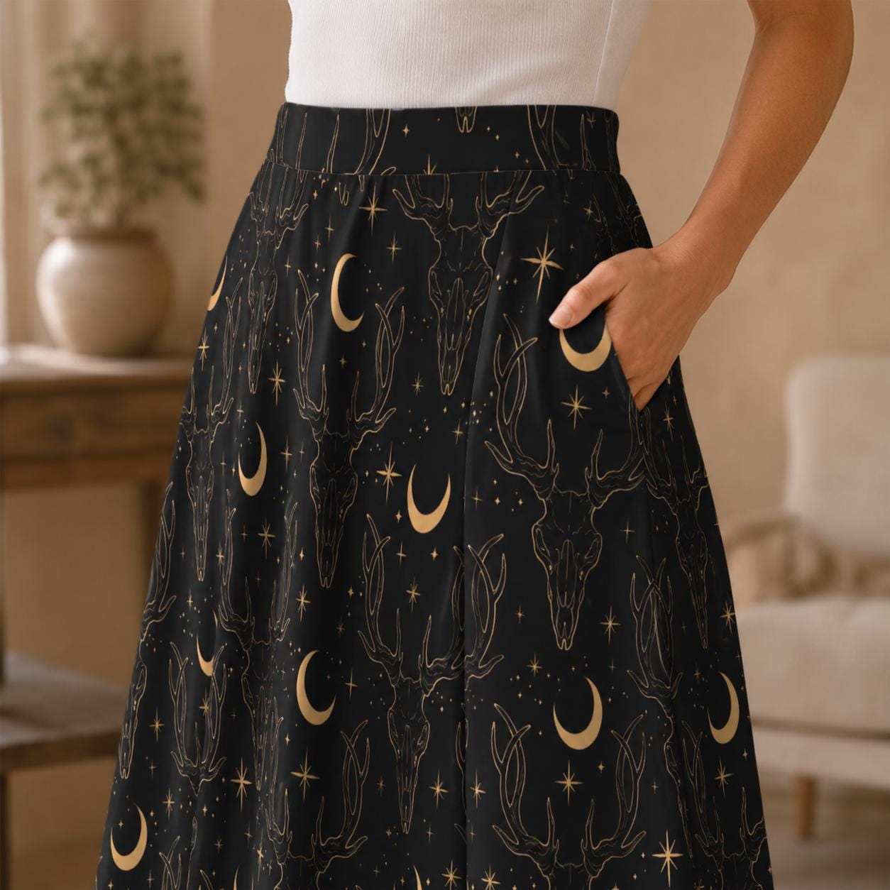 Black Celestial Maxi Skirt, Gold Moon Stars Print, High Waist Flowy Pockets