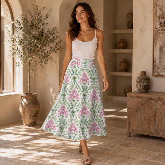 Cottagecore Midi Skirt, Pink Damask Floral Print, Sage Green A Line Summer Wear