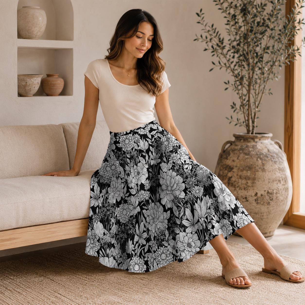 Monochrome Floral Midi Skirt, Hand-Drawn Line Art Flowers, High Waist A-Line Skirt
