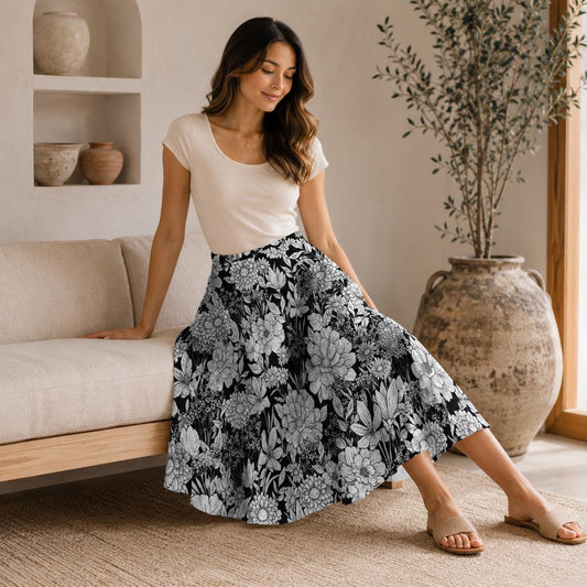 Monochrome Floral Midi Skirt, Hand-Drawn Line Art Flowers, High Waist A-Line Skirt