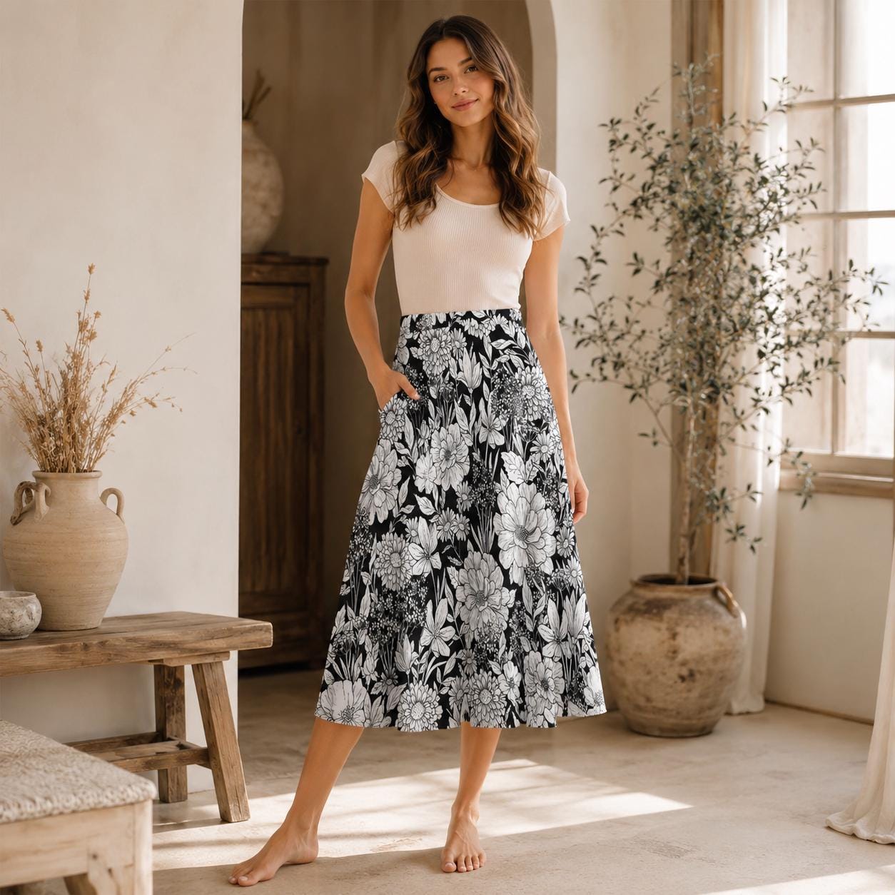 Monochrome Floral Midi Skirt, Hand-Drawn Line Art Flowers, High Waist A-Line Skirt