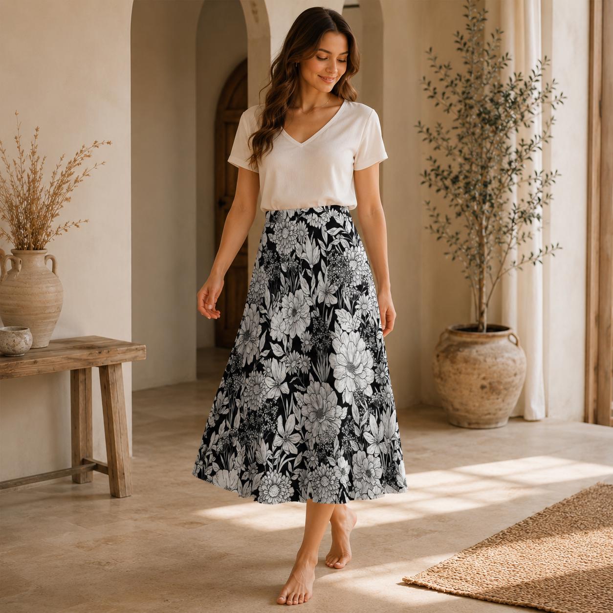 Monochrome Floral Midi Skirt, Hand-Drawn Line Art Flowers, High Waist A-Line Skirt