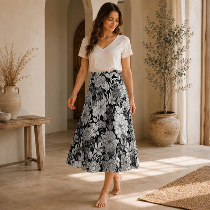 Monochrome Floral Midi Skirt, Hand-Drawn Line Art Flowers, High Waist A-Line Skirt