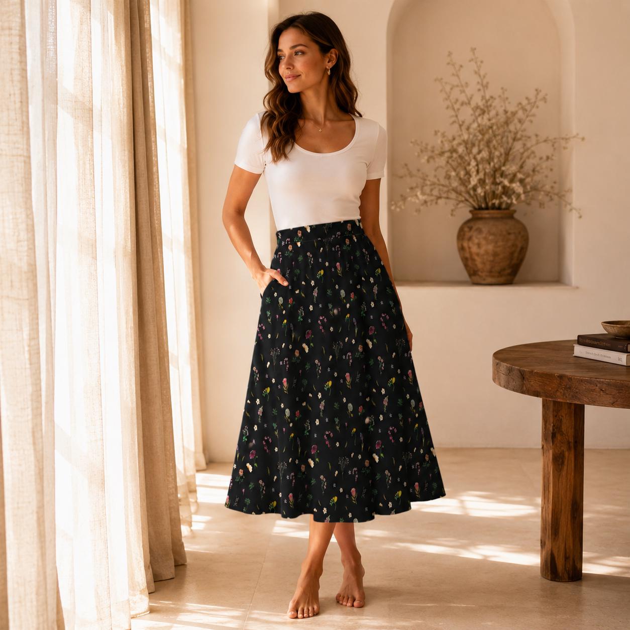 Black Wildflower Midi Skirt, High Waist A Line Flowy Floral Cottagecore Wear