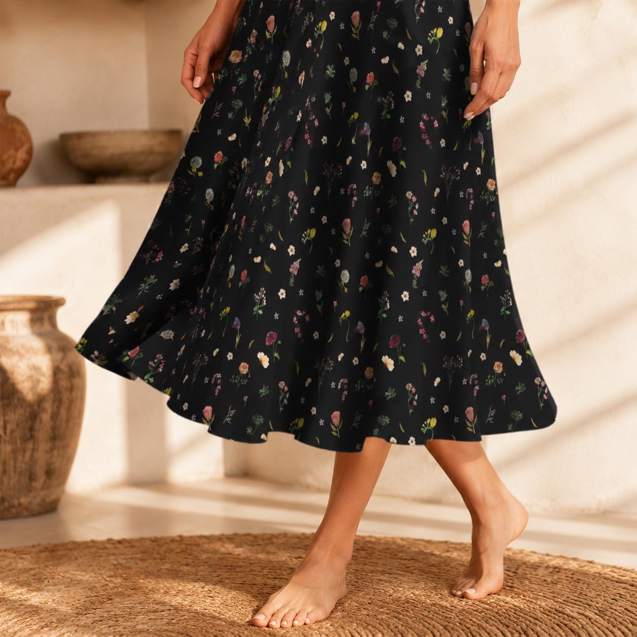 Black Wildflower Midi Skirt, High Waist A Line Flowy Floral Cottagecore Wear