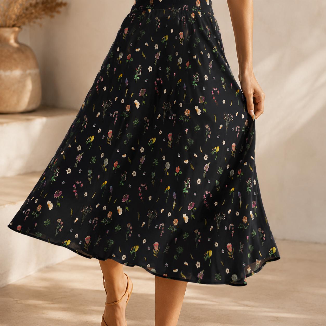 Black Wildflower Midi Skirt, High Waist A Line Flowy Floral Cottagecore Wear