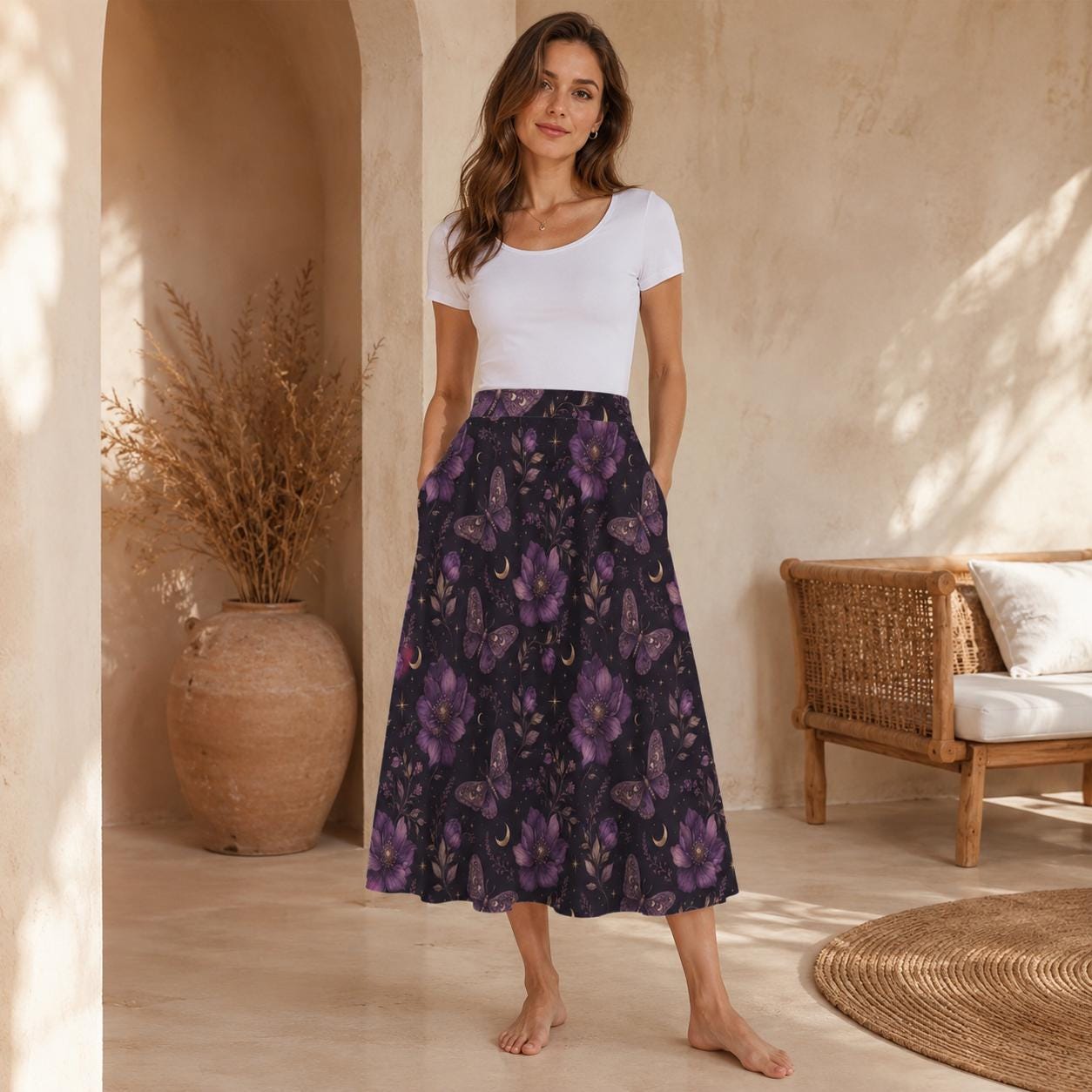 Celestial Butterfly Midi Skirt, Purple Moon Floral Print, Witchy Pockets Flowy Skirt