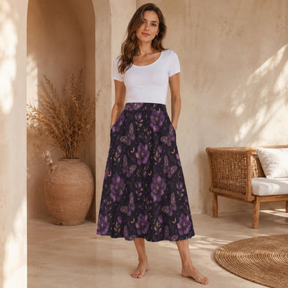 Celestial Butterfly Midi Skirt, Purple Moon Floral Print, Witchy Pockets Flowy Skirt
