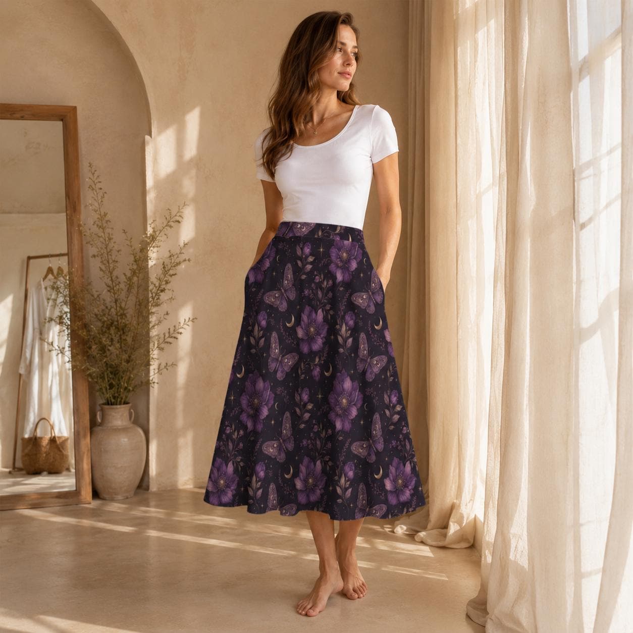 Celestial Butterfly Midi Skirt, Purple Moon Floral Print, Witchy Pockets Flowy Skirt