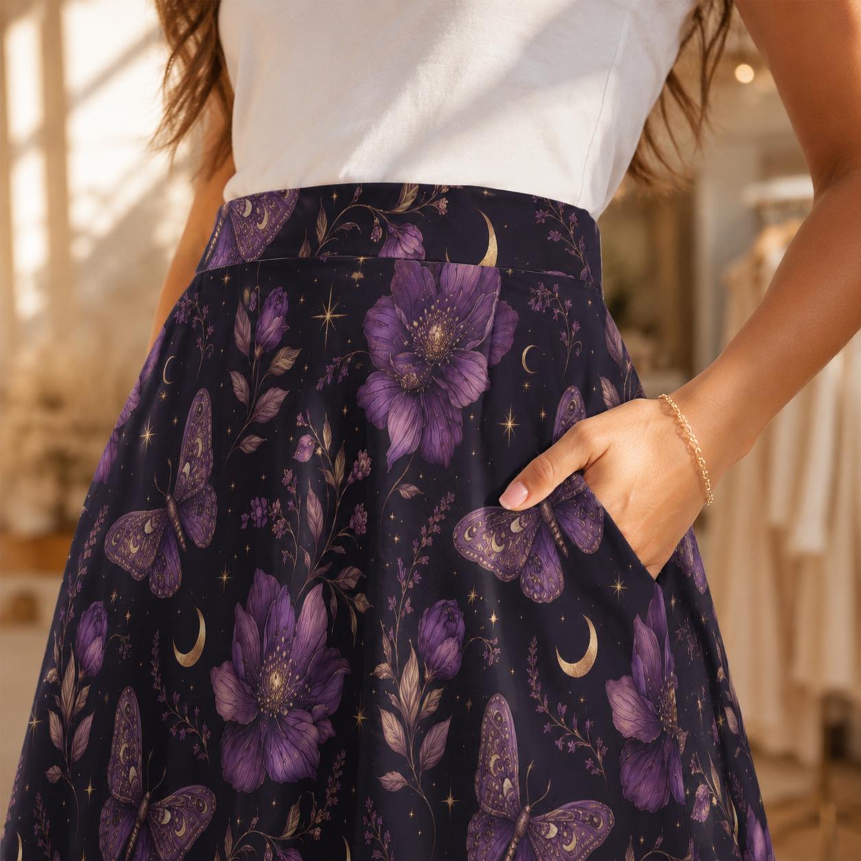 Celestial Butterfly Midi Skirt, Purple Moon Floral Print, Witchy Pockets Flowy Skirt