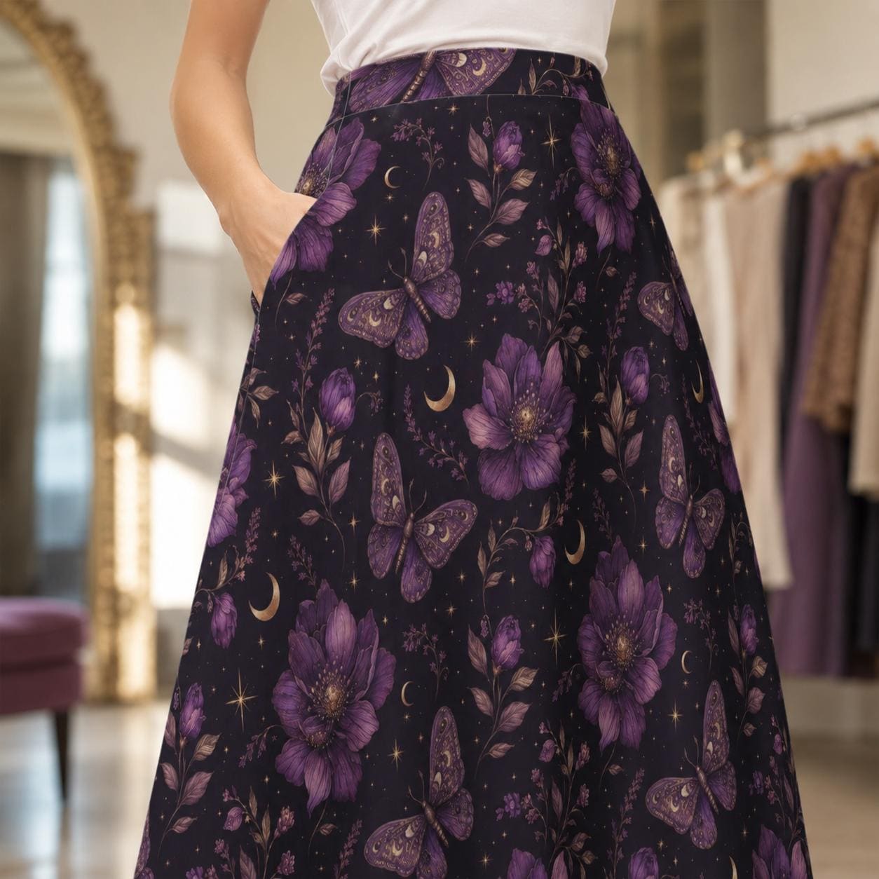 Celestial Butterfly Midi Skirt, Purple Moon Floral Print, Witchy Pockets Flowy Skirt