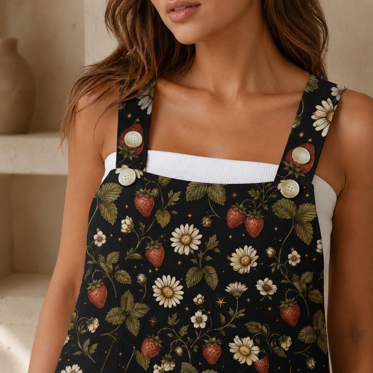 Black Strawberry Daisy Print Romper, Cottagecore Shortalls with Pockets