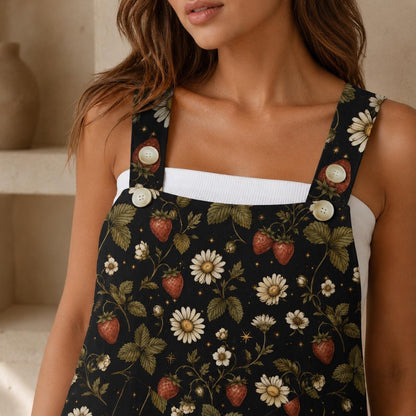 Black Strawberry Daisy Print Romper, Cottagecore Shortalls with Pockets