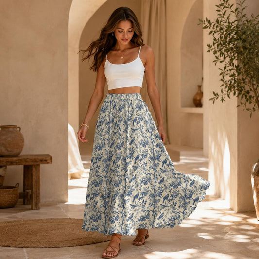 Blue Floral Maxi Skirt, Cottagecore Toile Print, High Waist Flowy Summer Skirt