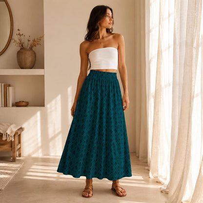 Teal Boho Maxi Skirt, Dark Diamond Print High Waist Skirt, Flowy Ankle Length Skirt for Summer Travel Outfits