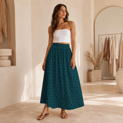 Teal Boho Maxi Skirt, Dark Diamond Print High Waist Skirt, Flowy Ankle Length Skirt for Summer Travel Outfits