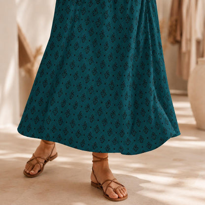 Teal Boho Maxi Skirt, Dark Diamond Print High Waist Skirt, Flowy Ankle Length Skirt for Summer Travel Outfits