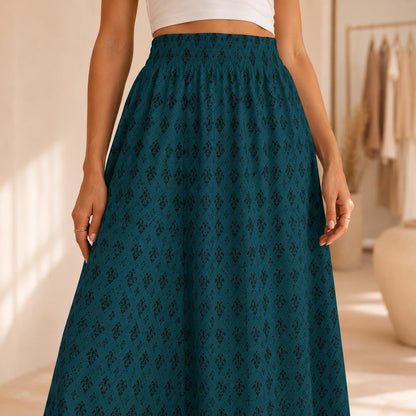 Teal Boho Maxi Skirt, Dark Diamond Print High Waist Skirt, Flowy Ankle Length Skirt for Summer Travel Outfits