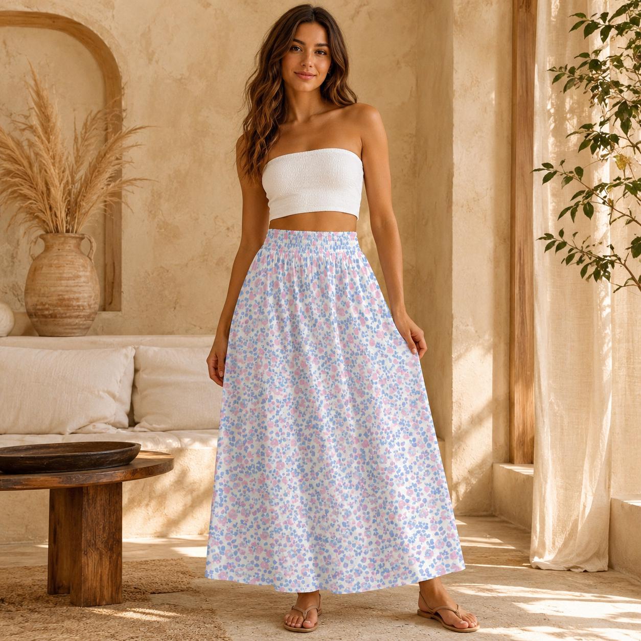 Pastel Floral Maxi Skirt, Blue Pink Meadow Print, Soft Spring Outfits